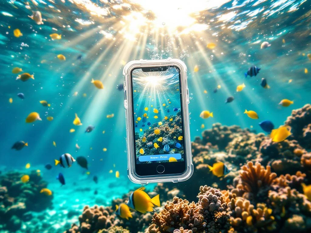 Waterproof smartphone displaying tropical fish identification app underwater, surrounded by colorful reef fish in Caribbean sea