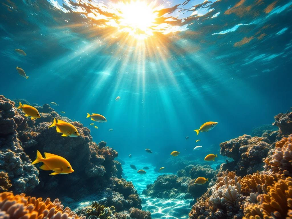 Underwater view of Caribbean snorkeling with tropical fish, coral, sun rays, and Aruba coastline above turquoise water