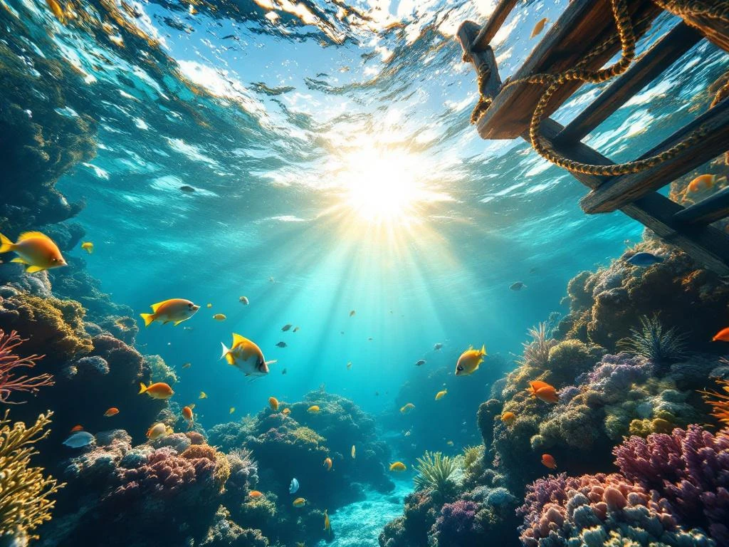 Underwater view of tropical fish and coral in turquoise Caribbean waters with sunlight streaming through surface near Aruba