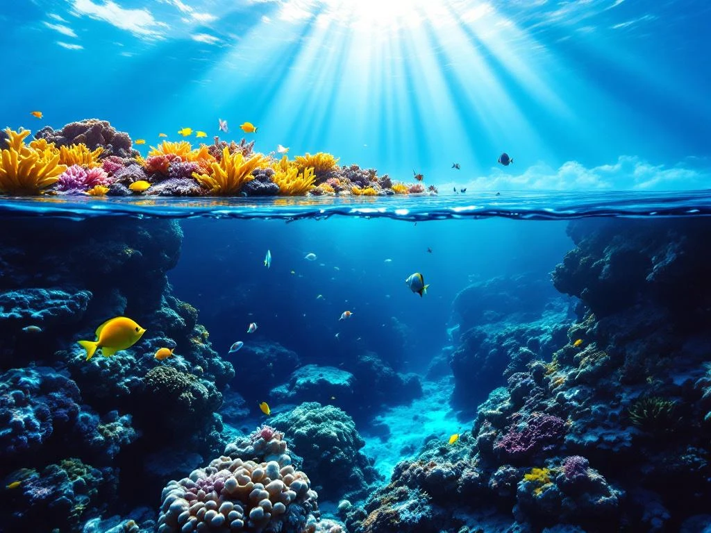 Split-level underwater view of shallow vibrant coral reef above and deep blue reef ecosystem below in Caribbean waters